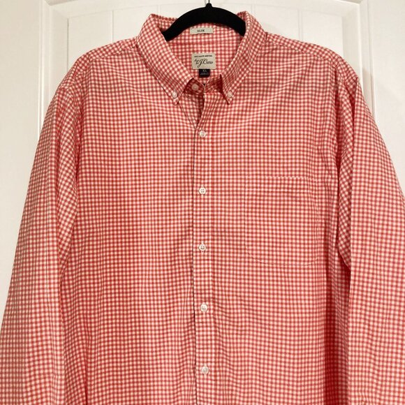 J. CREW Orange white gingham long-sleeve men's shirt ~ LARGE XL 1X button-down - Picture 3 of 9